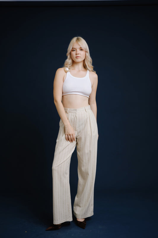 Pantalón lino crudo rayas verde