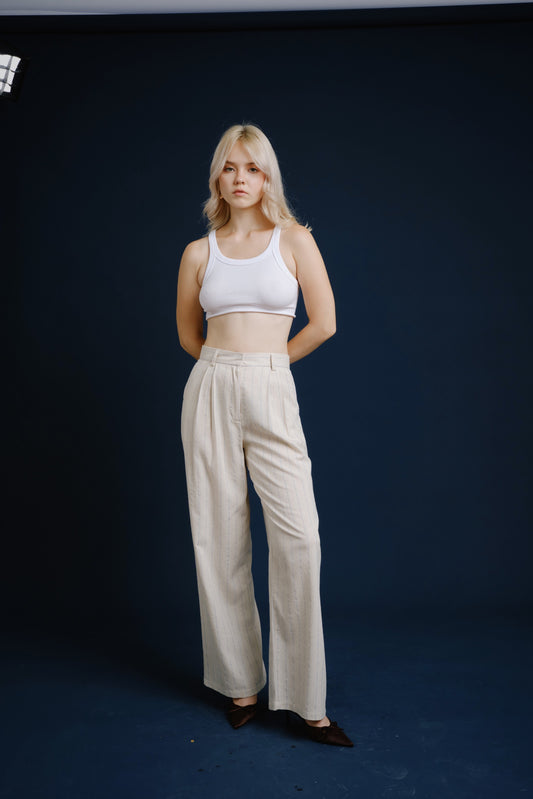 Pantalón lino crudo rayas celeste